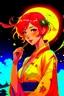 Placeholder: (Asian), short hair, fiery red hair hair, normal hands yukata, yellow clothes, 8k, best quality, winking, very dark night time, lighting from moon yellow moon, perfect, masterpiece, anime style, cartoon style,