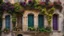 Placeholder: Facade of an Old Stone House Adorned with Climbing Passionflowers, Colorful, Vibrant Hues