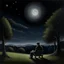 Placeholder: pintura de un paisaje nocturno. El cielo está oscuro y nublado, y las estrellas son apenas visibles. La única fuente de luz es la luna, que brilla tenuemente sobre el paisaje. En el primer plano de la pintura, hay un hombre solitario sentado en un banco. Está vestido de negro, y su rostro está iluminado por la luz de la luna. El hombre está mirando hacia el horizonte, y su expresión es de tristeza y nostalgia. En el fondo de la pintura, se puede ver una ciudad. Las luces de la ciudad brillan