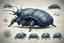 Placeholder: Hand drawn illustration , with detailed blueprints and engineering schematics of dark robotic Rhinoceros beetle, with highly detailed facial features, detailed drawings, and technical notation, 8k