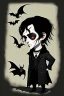 Placeholder: black haired black eyed young man necromancer goth hobbit with gothic jewelry and pet black bat in the style of Charles Addams