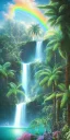 Placeholder: Triipy rainbow turquoise neon waterfall with palm trees sparkling at night in a cave detailed realistic glowing