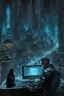 Placeholder: cyberpunk programmer black_Cat_Typing_on_computer_background binary codes, surrounded_by_mindent_3D_binary matrix codes and neutron mesh_etheral, Paranoid_sci-fi_in background_a_tall_cyberpunk_city, the cat hacker watchings monitor, Hyperrealistic texture, high detail, Sinister, cold dynamic lighting, dark-neon colors, Ultra_HD_intense_focus