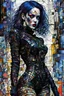 Placeholder: Create chaotic abstract cubist full body portrait of an epic raging science fiction fantasy hardcore mercenary Goth cyberpunk dead girl , with finely lined and detailed facial features, in a tattered gothic dress, fishnet stockings ,battered combat boots, in the style of Bill Sienkiewicz, Philippe Druillet, Gustav Klimt, and Jean Giraud Moebius, precisely drawn, colored and inked