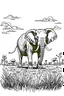 Placeholder: Black and white outlined elephant standing in a grassland