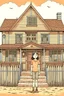 Placeholder: wood house, girl stand front of house