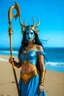 Placeholder: A picture of a beautiful blue faced indian goddess with skin painted blue, blue painted body, blue painted torso, wild black hair, stag antlers, elven ears, golden skirt, holding a staff on a sunny beach