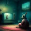 Placeholder: pig watching a tv about video game persona with a rabbit playing music beksinski style