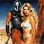 Placeholder: [art by Russ Meyer] a madmax mercenary with iron mask holds Erin Moriarty as Starlight in Agent Provocateur