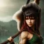 Placeholder: Barbarian anime character carrying a battle axe, animal hide armor, physically fit, tribal tattoos, scars, washboard abs, red facepaint, green hair, dark eyeshadow, intricate eyeliner, soft round eyes, beads in hair, 8k resolution, cinematic smooth, intricate details, vibrant colors, realistic details, masterpiece, oil on canvas, smokey background
