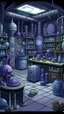 Placeholder: A grayish purple cybernetic laboratory with potions designed in African masks painted by Diego Rivera