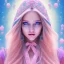 Placeholder: beautiful, soft, smiling face, whole head, long straight blonde hair blues eyes, crown on the head, clothing in transparent bluish and pink veil, background brillante bluish and pink, hight definition, 8K