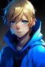Placeholder: cool anime chalan s menom Ixpo s typom vlasov špinavý blond s modrý očami s modrou mikinou ktorá má kapucňu