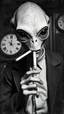 Placeholder: An old picture style of black and white and very bad quality old camera with cracks of an Alien rolling a cigarette the year 1900 in the background a Time Machine