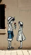 Placeholder: in the style of Banksy, a graffiti image of Straw Man Luffy giving a rose to a little girl in a sun dress on a city wall