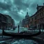 Placeholder: Venice dystopia, empty gondola on a frozen water street post-apocalypse, ominous clouds and soot in the air, dark, crumbling buildings, photorealistic