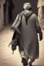 Placeholder: An old man wearing an Arabic keffiyeh, his back bent, walking barefoot, holding his cane upside down, looking back and holding his shoe in his hand.