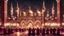 Placeholder: Hyper Realistic Photographic-View of lots of Muslim-Men praying inside a Huge-Beautifully-Crafted-Maroon-&-Golden Mosque with minarets & Ramadan-Light-Decorations-&-Lamps-&-a-water-fountain at beautiful-night with dramatic-&-Cinematic-Ambiance