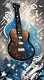 Placeholder: Create a dynamic snowboard pattern with a guitar theme, utilizing a maximum of 6 colors. Feature a stylized guitar fretboard running down the board in rich browns and blacks, complemented by rhythmic snowflakes in cool blues or silvers. Integrate a guitarist silhouette shredding down a mountain slope, using gradients for strumming motion. Keep the palette vibrant and harmonious, capturing the energy of music and snowboarding.