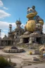 Placeholder: far in the future, a gigantic stature of a popular famous cartoon character sits among ruins of buildings. time has weathered the landscape for thousands of years. a small makeshift camp with people can be seen contrasting the massive statue.