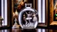 Placeholder: a pretty glass wine jar with beautiful minature glass shapes on out side and some glass hlalf sphere on it with a lady ballerina inside in pretty standing ballet pose on a table in a art gallery with famouse paintings and statues
