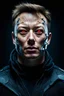 Placeholder: Portrait of Elon musk, scary cyborg face, metal plate checks and forehead, one red eye