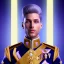 Placeholder: Portrait of an handsome smiling man, prince, galactic, glitter blue velvet suit with jewels and stripes, blond hair, blue eyes, cinematic lights unreal engine 5, 4k, high details, beam and stars in background, blue and purple