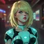 Placeholder: a pretty woman, blonde hair, robot chest, contemplative, cyberpunk, digital art, stylised