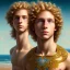 Placeholder: intricate, sharp focus, highly detailed, digital painting, Paul Lewin and Kehinde Wiley, full body image of a beautiful 12 year old boy with long, blonde curly hair and light blue eyes, smiling, shirtless, in front of an distant beach