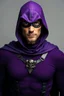 Placeholder: full-length, A portrait of a the Phantom, a man with piercing blue eyes, a chiseled jaw, goatee, timeless face, stern expression, Wearing a skintight formfitting purple cotton hero suit with a skintight cowl with a widows peak that fits tight to his head, but does not cover his face, he wears a thin, black leather, bandit eye disguise over his eyes, black and blue diagonally striped trunks, dual-holstered pistol belt adorned with a triangle skull-shaped buckle with leg straps, knee-high boots