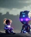 Placeholder: little girl sitting inside a big robot suit, white and purple