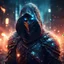 Placeholder: post-apocalyptic hooded angle warrior knight covered with glowing crystals, fire particles in air, destroyed city, night, bright colors, glowing sparkle particles, dark tone, sharp focus, high contrast, 8k, incredible depth, depth of field, dramatic lighting, beautifully intricate details, clean environment, epic dynamic scene