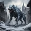 Placeholder: frost hellhound out of the abyss monstrous in ruins of medival town