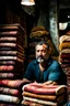 Placeholder: close up photography of a burly Robust 40-year-old Turk in Istanbul bazaar, shirtless, selling carpets sitting on a pile of carpets, biig shoulders, manly chest, very hairy, side light,