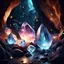 Placeholder: Hyper Realistic big glowing crystals with fireflies in a cave at night