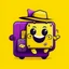 Placeholder: Social Media Design A yellow suitcase has eyes, a mouth, eyes, hands and legs, a cute smiley, wearing a black hat and carrying a passport. Comic shape. . A simple purple background. Give me the image with the best automated atmosphere. Sinai. Darmi.