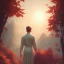 Placeholder: charlie puth portrait , detailed hands, at dawn by atey ghailan, golden light , white robe, holding leaves and flowers , angels background, volumetric light, high detail, red leaf tree, mountains in background, perfect