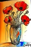 Placeholder: Sketchy sharp line wet watercolour of a vase of poppies