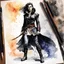 Placeholder: Create a masterpiece ink wash and watercolor portrait of an epic fantasy Lankhmar female thief character slim in stature, with shoulder length hair, finely lined and detailed facial features, in an fur collared leather doublet and breeches , a short oriental cloth belt at the waist, stealthy soft leather slippers, , in the comic book style of Bill Sienkiewicz, Howard Chaykin, Mike Mignola, Philippe Druillet, and Jean Giraud Moebius, precisely drawn, colored and inked,