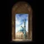 Placeholder: jamkaran mosque in Iran has more blue green color and gold for pattern islamic in the dome . one big domes with beautiful lighting . white Daffodil flower in the floor , clouds with small birds in sky with crescent moon of ramdan . painting watercolor ,simple and islamic style , Painting watercolor