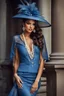 Placeholder: full body beautiful girl, elegant blue lace clothes of the 80s, luxury style, small elegant hat with feather, hair of the 80s, pearl necklace, earrings masterful, beautiful face