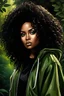 Placeholder: HYPER REALISTIC Graffiti, closeup, WHIMSICAL DIGITAL ILLUSTRATION, HD, HIGH CONTRAST CHIBI STYLE STUNNING AFRICAN AMERICAN WOMAN WITH BEAUTIFUL large, green-colored EYES, fierce makeup, black shoulder length curly hair, LONG LASHES AND LIP GLOSS WEARING An OVERSIZED silver and gold sweatsuit, WALKING FORWARD along a wooded path BACKGROUND, REALISTIC TEXTURE, CREATIVE, CINEMATIC, PHOTOGRAPHY SEAMLESS.