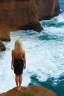 Placeholder: blonde woman standing at the edge of a cliff waves crashing against the rocks below