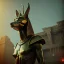 Placeholder: A portrait post-apocalypse of Jackal Egyptian God Anubis ,in the third temple, sci-fi fantasy style, volumetric lighting, particales,highly detailed,cinamatic,8k,3D,fire , gold, and black deep colours.