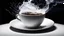 Placeholder: A storm entirely inside a white porcelain ESPRESSO COFFEE cup with a saucer. Large ESPRESSO COFFEE wave cresting. A surfer. Backpropogation algorithm optimization lighting. Black background