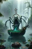 Placeholder: action figure of a crucified alien spider necrophyte electric eel necromancer on round swamp transparent glass obcidian boat beholder eye wheel throne in a charged foggy jungle waterfall