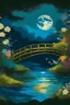 Placeholder: fazer uma obra artística do impressionismo com uma ponte japonesa iluminada em cima de um rio com flores no escuro com uma lua