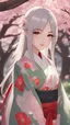 Placeholder: ((close up)) portrait of a beautiful young woman, 1girl, (dreamy big eyes), wearing red kimono, (long white hair), (green eyes), smirk, lips, in a park, under a cherry blossom tree, hair floating in the wind, sunlight, cinematic lighting, ((from below))