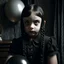 Placeholder: wednesday addams as a child, braids, a frange, a black balloon, polaroid, 1970s, empty black room, no emotion on her cold face