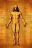 Placeholder: Human – Language – Computer. Leonardo da Vinci's Vitruvian man against the background of the matrix and the crumbling ones and zeroes. close-up of the surrounding area. Solid science fiction, high resolution